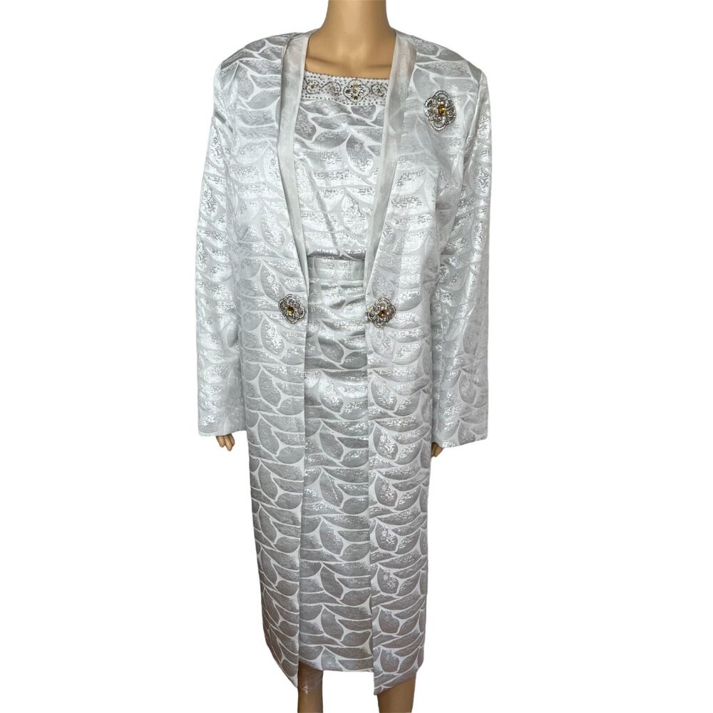 NIGHT STUIDO NY 3PC Beaded Silver Cotton Metallic Cocktail Skirt Suit Top